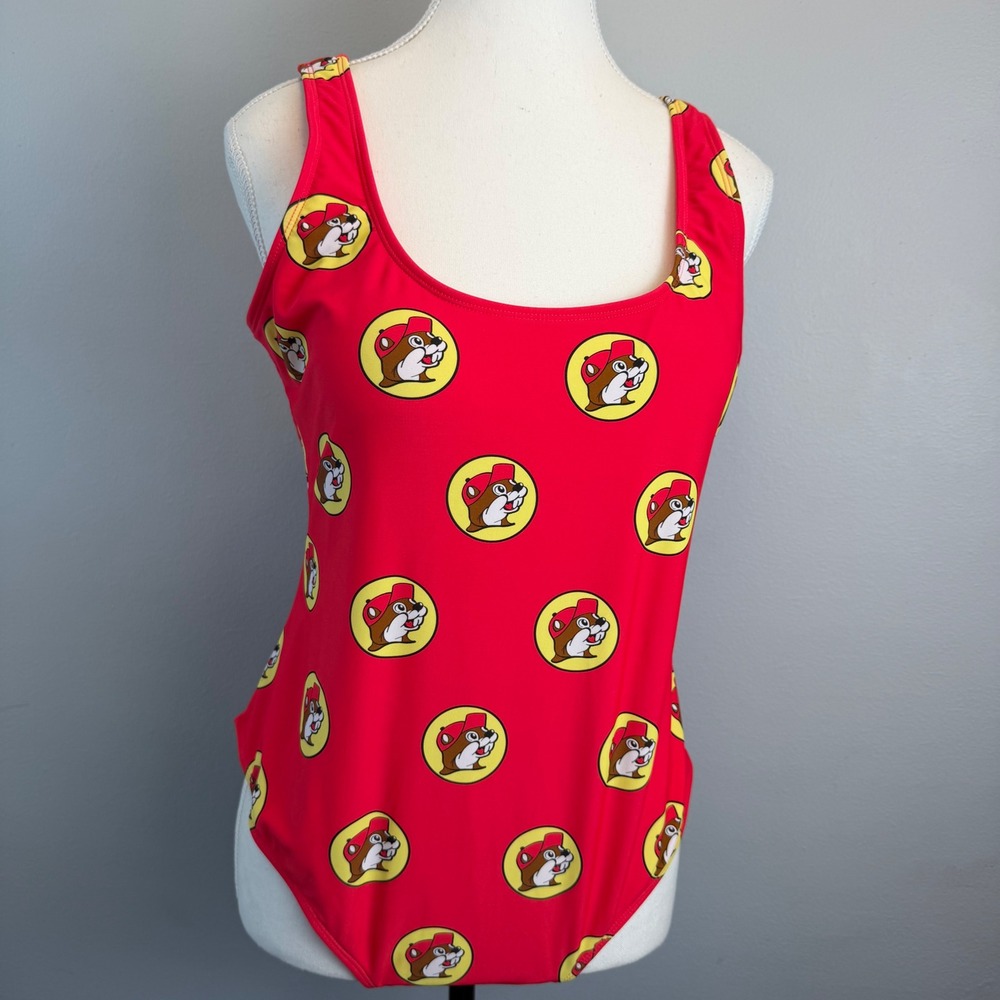 Buc-ee's Medium Beaver All Over Logo Print One Piece Swimsuit Red Sporty Texas